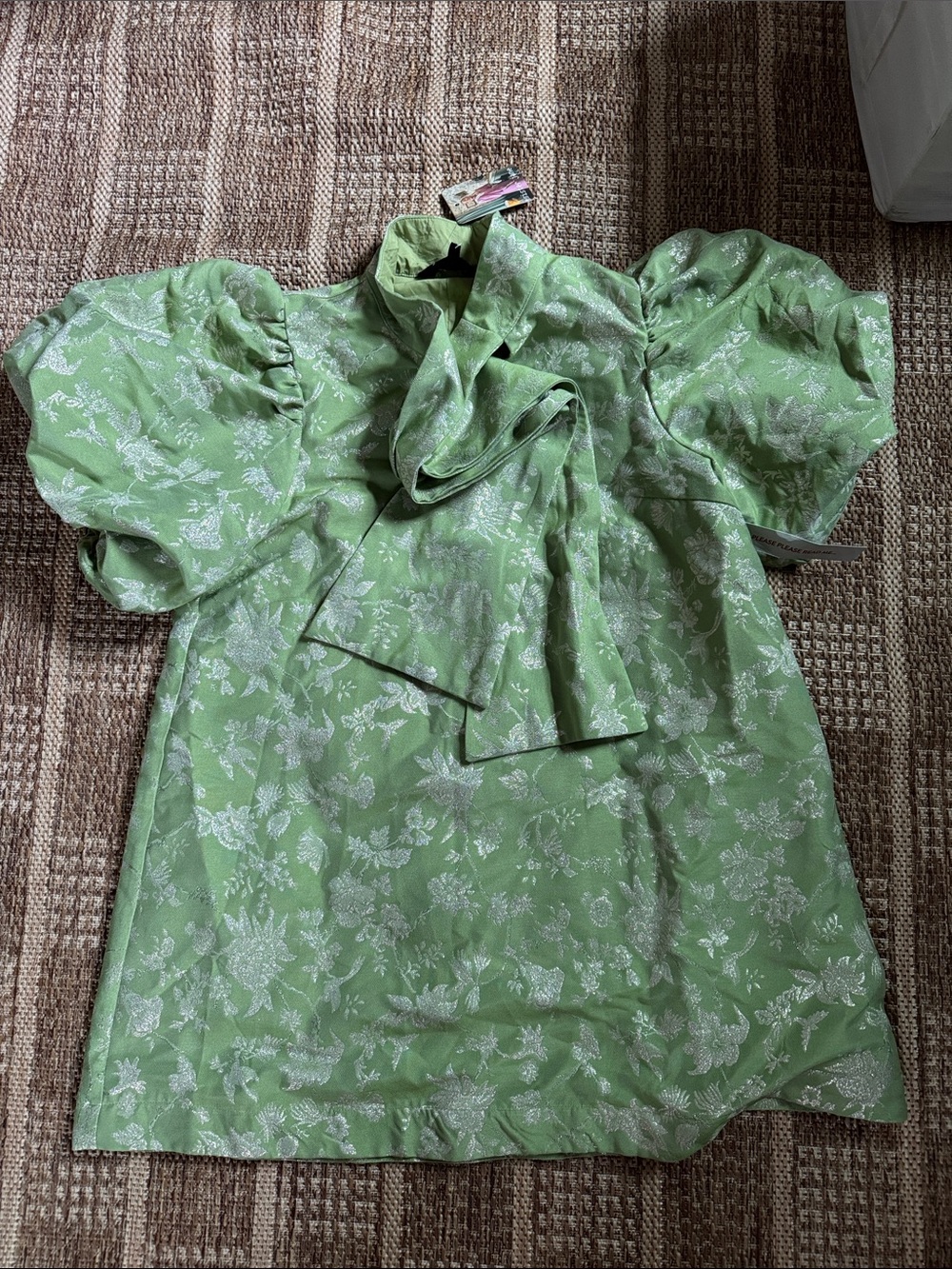 Sister Jane Green Puff-Sleeve Floral Tie-Neck Dress